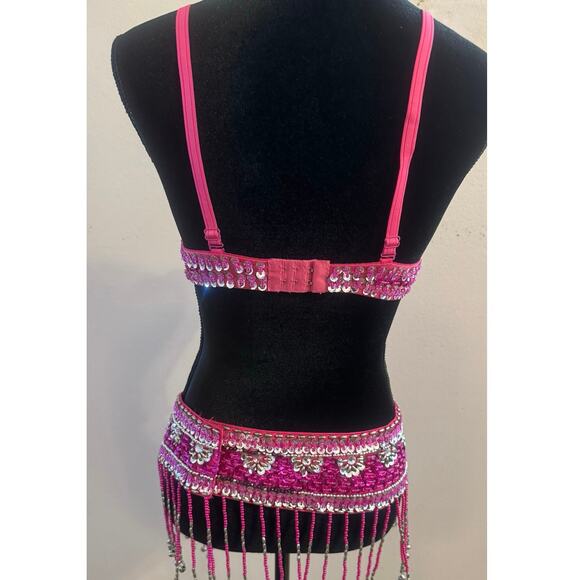 Costume x Belly Dance Sequin, Beaded, Fringe Two Piece Set Size 36 Pink - Picture 2 of 14
